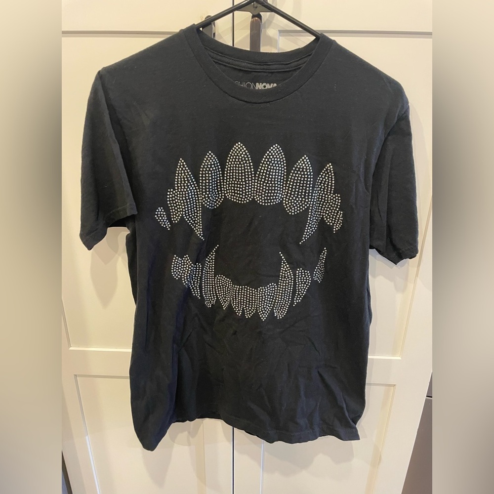 Fashion Nova Black Rhinestone Bite Graphic Tee